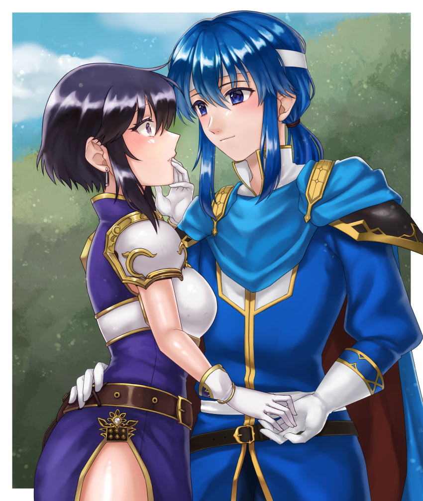 1boy 1girl absurdres armor belt black_hair blue_cape blue_eyes blue_hair blush border breastplate cape commission dress earrings eye_contact fire_emblem fire_emblem:_genealogy_of_the_holy_war gloves hand_on_another's_hip hazuki_(nyorosuke) headband highres holding_hands jewelry larcei_(fire_emblem) long_sleeves looking_at_another medium_hair outdoors ponytail purple_dress purple_eyes seliph_(fire_emblem) short_hair_with_long_locks shoulder_armor side_slit skeb_commission smile white_border white_gloves white_headband