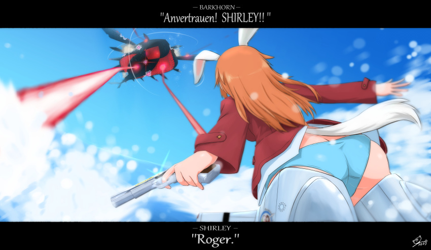 1girl absurdres animal_ears ass blazer breasts butt_crack charlotte_e._yeager flying from_behind gun handgun highres jacket kukoroko large_breasts long_hair neuroi orange_hair panties pistol rabbit_ears rabbit_tail red_jacket shiny shiny_hair shiny_skin skindentation sky strike_witches striker_unit tail underwear weapon white_panties world_witches_series