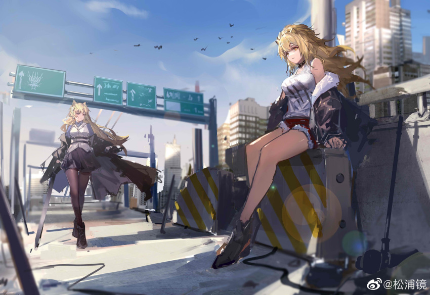 2girls absurdres animal_ears arknights bare_legs bare_shoulders black_choker black_footwear black_jacket black_legwear black_skirt blonde_hair blue_sky boots breasts character_request choker commentary_request day great_lungmen_logo highres jacket large_breasts lion_ears long_hair miniskirt multiple_girls off_shoulder open_clothes open_jacket outdoors pantyhose red_shorts shirt shoes short_shorts shorts siege_(arknights) sitting skirt sky songpujing tank_top white_shirt white_tank_top yellow_eyes