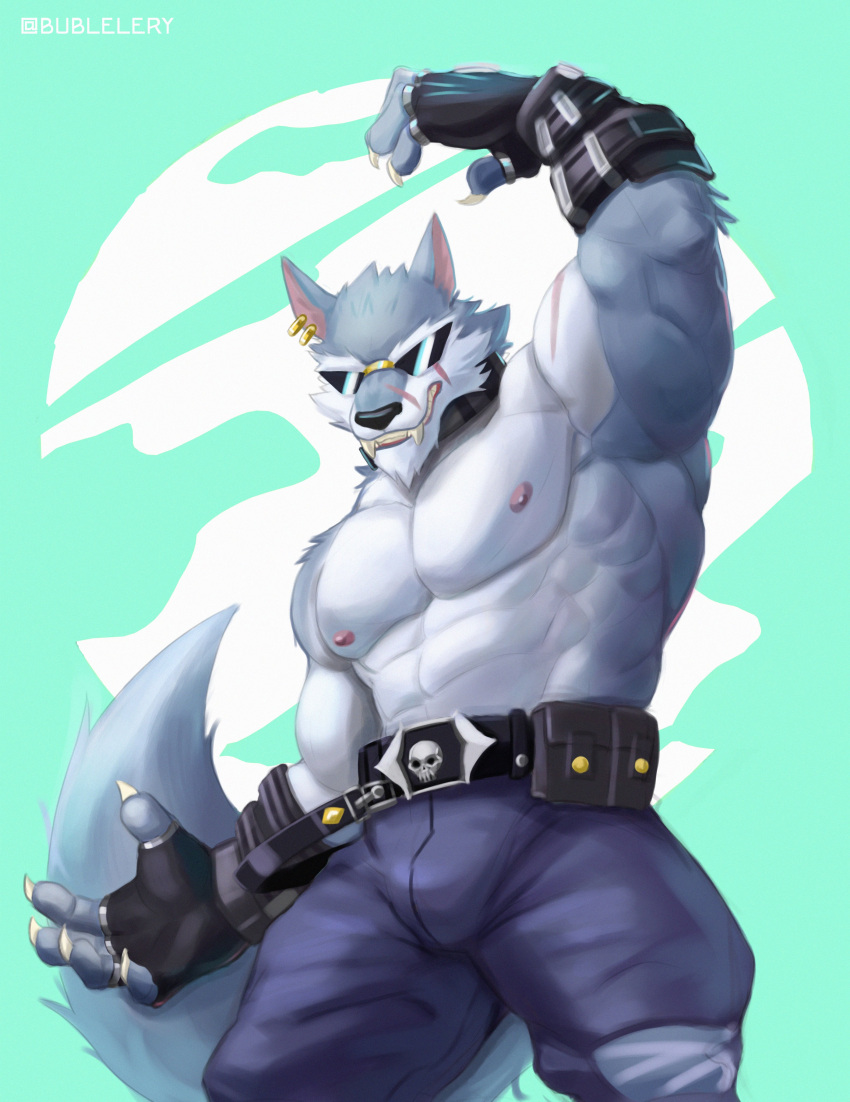 absurd_res anthro belt_buckle bublelery canid canine canis clothed clothing dislyte ear_piercing ear_ring eyewear freddy_(dislyte) hi_res male mammal muscular muscular_male piercing solo sunglasses topless topless_male wolf