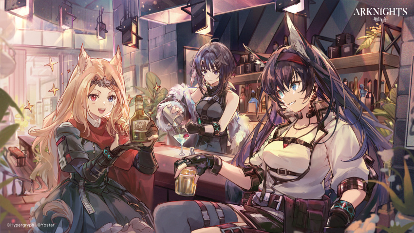 3girls :d ahoge animal_ear_fluff animal_ears archetto_(arknights) arknights bangs bar bare_shoulders belt belt_buckle between_breasts black_coat black_dress black_eyes black_gloves black_hair black_legwear black_skirt blaze_(arknights) blonde_hair blue_eyes blush bottle bracelet breasts buckle capelet cat_ears ceiling_light cleavage closed_mouth coat commentary_request corset counter csyday cup dress drink drinking_glass earpiece epaulettes extra_ears fingerless_gloves frilled_dress frills fur-trimmed_capelet fur_trim gloves hair_ornament hairband hairclip heterochromia highres holding holding_bottle holding_cup indoors infection_monitor_(arknights) jacket jewelry la_pluma_(arknights) lion_ears lion_tail long_hair long_sleeves medium_breasts miniskirt multiple_girls off_shoulder official_art open_clothes open_coat open_mouth open_shirt parted_bangs parted_lips partially_fingerless_gloves plant potted_plant red_capelet red_eyes red_hairband shelf shirt single_thighhigh sitting skirt smile sparkle strap_between_breasts tail thigh_strap thighhighs tiara very_long_hair white_jacket white_shirt