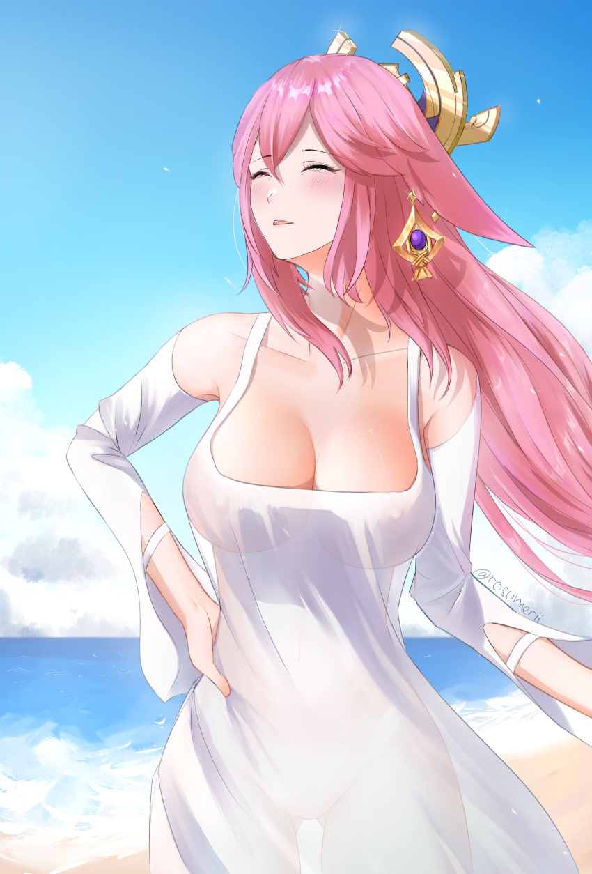 1girl absurdres animal_ears beach blue_sky blush breasts casual cleavage closed_eyes cloud collarbone covered_nipples cowboy_shot day detached_sleeves dress earrings floppy_ears fox_ears genshin_impact hair_between_eyes hair_ornament hand_on_hip happy highres jewelry large_breasts long_hair low-tied_long_hair ocean outdoors parted_lips pink_hair relaxed rosumerii sand see-through_silhouette sky smile solo twitter_username water white_dress white_sleeves wind yae_miko