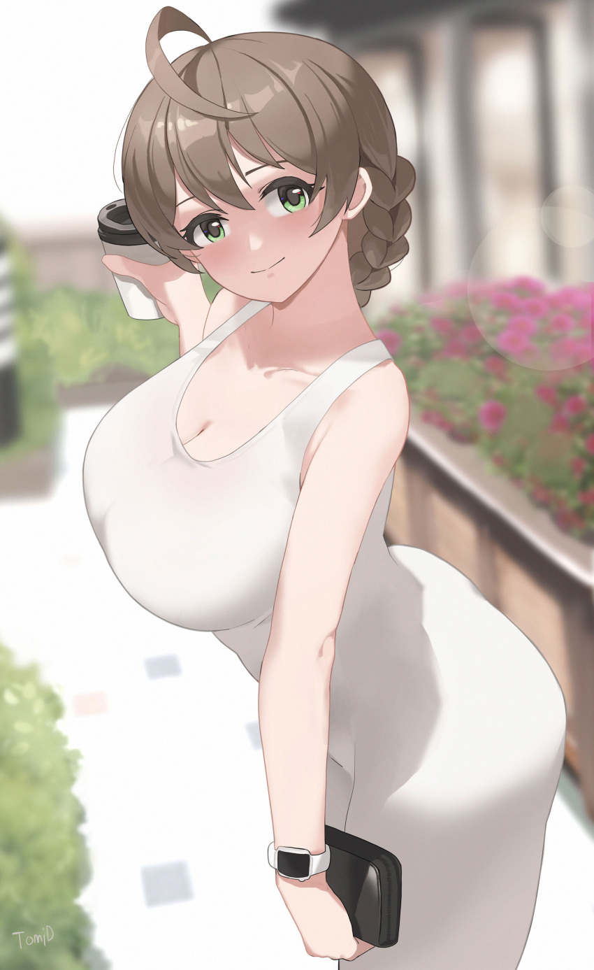 1girl absurdres ahoge blurry blurry_background braid breasts brown_hair cleavage collarbone cup dress flower french_braid garden green_eyes highres holding holding_cup idolmaster idolmaster_million_live! large_breasts lens_flare light_brown_hair looking_at_viewer looking_to_the_side sakuramori_kaori skin_tight solo tomid tumbler twisted_torso watch white_dress wristwatch