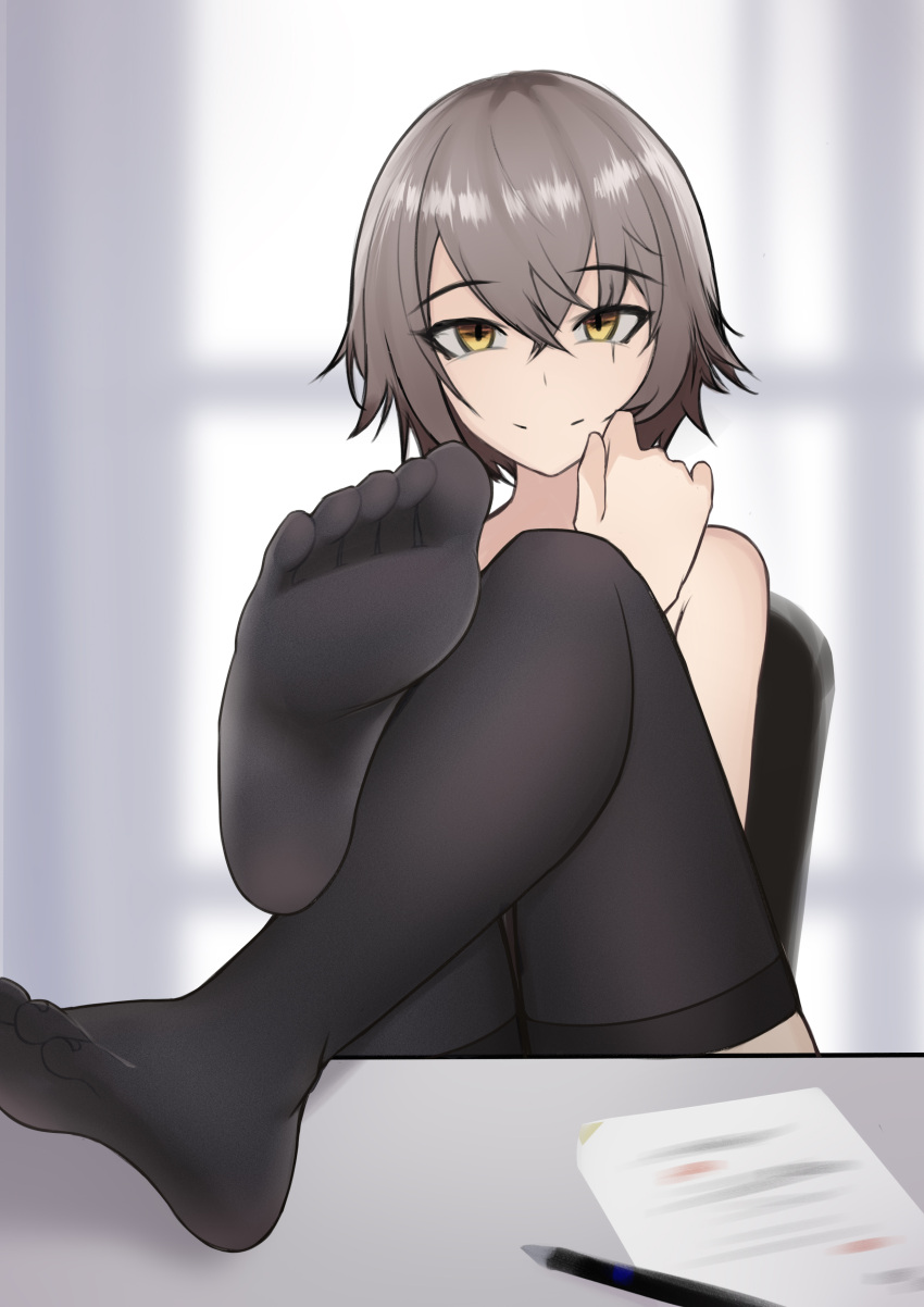1girl absurdres bangs bingzhi_juzi black_legwear chair chinese_commentary closed_mouth contract eyebrows_visible_through_hair feet foot_focus girls'_frontline girls'_frontline_2:_exilium grey_hair highres legs legs_on_table light_brown_eyes looking_at_viewer no_shoes paper pencil scar scar_across_eye short_hair simple_background sitting smile soles solo table thighhighs toes ump45_(girls'_frontline)