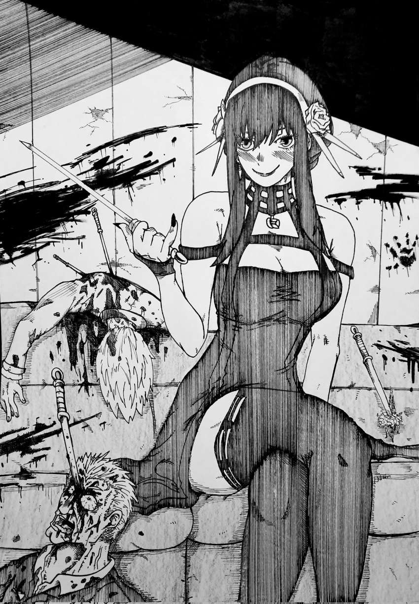 1girl black_dress blood blood_on_clothes blood_on_face blood_on_wall blood_on_weapon blood_splatter blush boots breasts business_suit cleavage corpse couch cracked_wall crosshatching dagger dress earrings eindrawppsn fingernails flower formal gold_earrings gold_hairband greyscale hair_ornament hatching_(texture) highres holding holding_dagger holding_weapon jewelry knife large_breasts linear_hatching lipstick long_fingernails makeup monochrome nail_polish pony rose short_hair_with_long_locks sitting smile spy_x_family stab suit thick_thighs thigh_boots thighs traditional_media wall weapon yor_briar