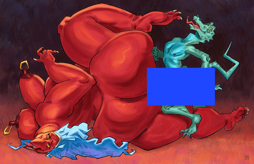 2022 accessory anthro avian big_breasts big_butt blue_hair breasts butt censor_bar censored claws cross-eyed dinosaur drawing duo dyna_soar female green_body hair hand_on_butt headband hi_res huge_butt implied_orgasm larger_female lizard lying male male/female nipple_piercing nipple_ring nipples obese obese_female on_side open_mouth overweight overweight_female painting piercing raised_leg rear_view red_body reptile scalie sex signature simple_background sitting_on_leg size_difference skinny_male skinny_tail smaller_male thick_thighs tongue tongue_out toony vulture_demoness yellow_eyes
