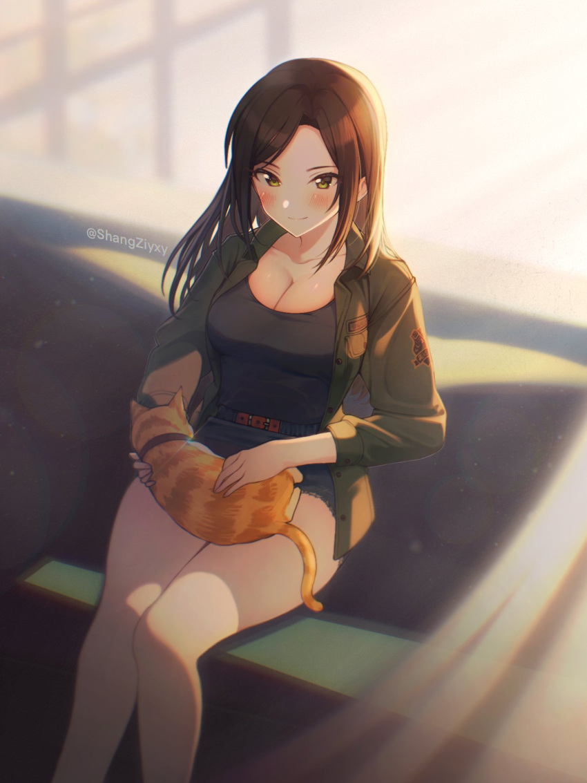 1girl animal_on_lap bangs bare_legs black_hair blush breasts cat cleavage collarbone couch denim denim_shorts feet_out_of_frame green_jacket highres idolmaster idolmaster_cinderella_girls jacket large_breasts lens_flare light_particles light_smile looking_at_animal mukai_takumi on_couch on_lap parted_bangs shangzi short_shorts shorts sitting solo sunlight twitter_username