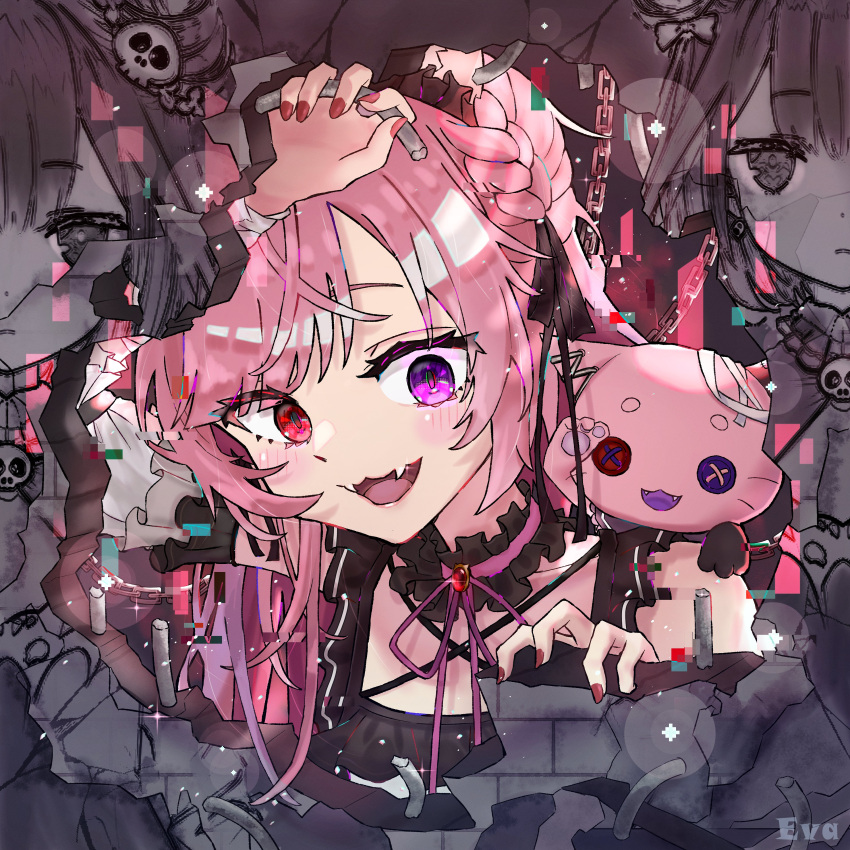 17nguyntinhong1 2girls :3 absurdres animal_ears bandaged_arm bandages bangs bare_shoulders blush braid braiding_hair button_eyes cable cat_ears cat_girl collar concrete dual_persona eyebrows_behind_hair fangs frilled_collar frilled_sleeves frills gothic_lolita hairband hairdressing heterochromia highres hole_in_wall hololive indie_virtual_youtuber lolita_fashion mikeneko_(utaite) multiple_girls neck_ribbon open_mouth pink_hair pixels pon-chan_(mikeneko) purple_eyes purple_nails red_eyes ribbon sidelocks smile stuffed_toy uruha_rushia virtual_youtuber wall