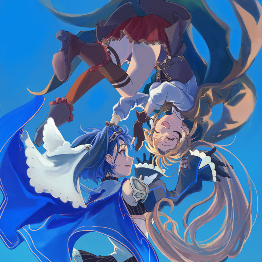 2girls asymmetrical_legwear belt blue_background blue_eyes blue_hair boots brown_capelet brown_cloak brown_corset cape capelet cloak closed_eyes corset detached_sleeves feather_hair_ornament feathers floating gloves hair_ornament head_chain headdress highres hololive hololive_english kisuu_(oddnumberr_) knee_strap kneehighs laughing long_hair multiple_girls nanashi_mumei ouro_kronii partially_fingerless_gloves pinstripe_pattern pleated_skirt ponytail red_skirt ribbon ribbon_earrings shirt short_hair single_kneehigh single_thighhigh skirt striped thigh_strap thighhighs turtleneck upside-down very_long_hair virtual_youtuber white_shirt