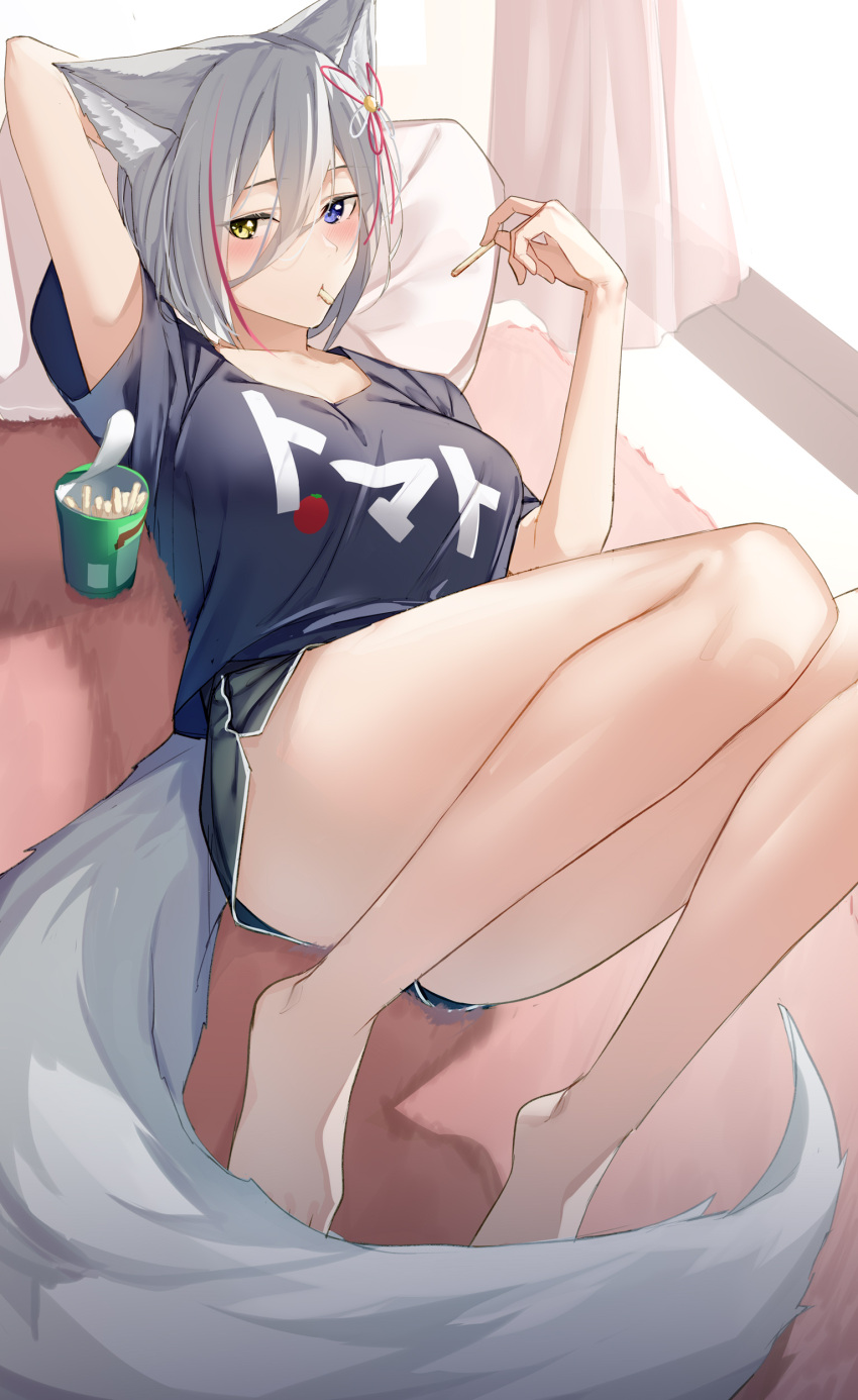 1girl absurdres animal_ears bangs barefoot black_shirt black_shorts blue_eyes blush commentary_request curtains dolphin_shorts eating feet food fox_ears fox_girl fox_tail grey_hair heterochromia highres holding holding_food indoors kemomimi_refle! knees_up looking_at_viewer lying multicolored_hair on_back on_bed pallad pocky red_hair ronomiya_hinagiku shirt short_shorts short_sleeves shorts solo streaked_hair t-shirt tail thighs two-tone_hair virtual_youtuber window yellow_eyes