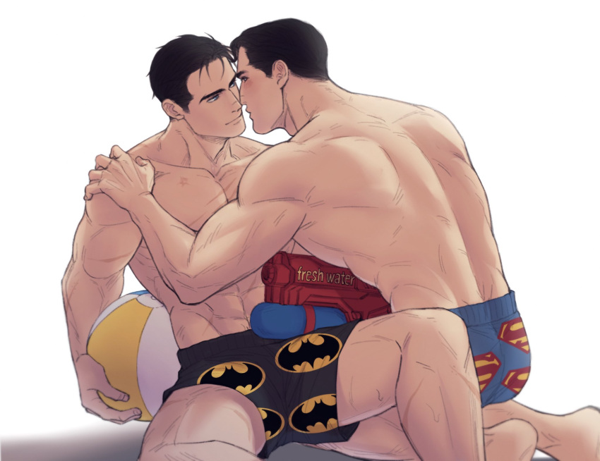 2boys ball bara batman_(series) beachball black_hair black_male_underwear blue_male_underwear blush boxer_briefs bruce_wayne clark_kent closed_mouth couple dc_comics eye_contact highres incoming_kiss large_pectorals looking_at_another male_focus male_underwear multiple_boys muscular muscular_male pectorals puckered_lips short_hair superman_(series) underwear water_gun xuanmai_alter yaoi