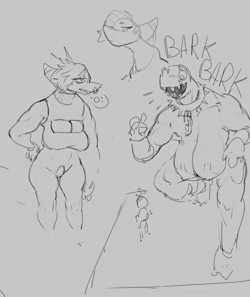 2022 ambiguous_gender anthro bandage breasts chain_chomp chompie_(conadolpomp) cleavage_cutout conadolpomp digital_drawing_(artwork) digital_media_(artwork) drawpile emanata english_text eyebrows eyelashes facial_piercing female fish hi_res joanne_maple_(conadolpomp) lamnid lamniform larger_female marine mario_bros mostly_nude muscular muscular_female nintendo nose_piercing nose_ring pasties piercing redhour sagging_breasts scar shark size_difference sketch smaller_ambiguous sound_effects standing text video_games wide_eyed