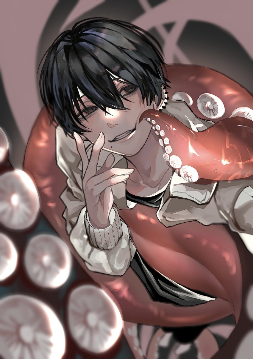 1boy 8v8_o00 animal bangs black_hair black_shirt chainsaw_man ear_piercing hair_between_eyes highres hirofumi_yoshida jacket long_sleeves looking_at_viewer mole mole_under_mouth octopus piercing sea_creature shirt short_hair smile solo teeth tentacle_grab tentacles v white_jacket