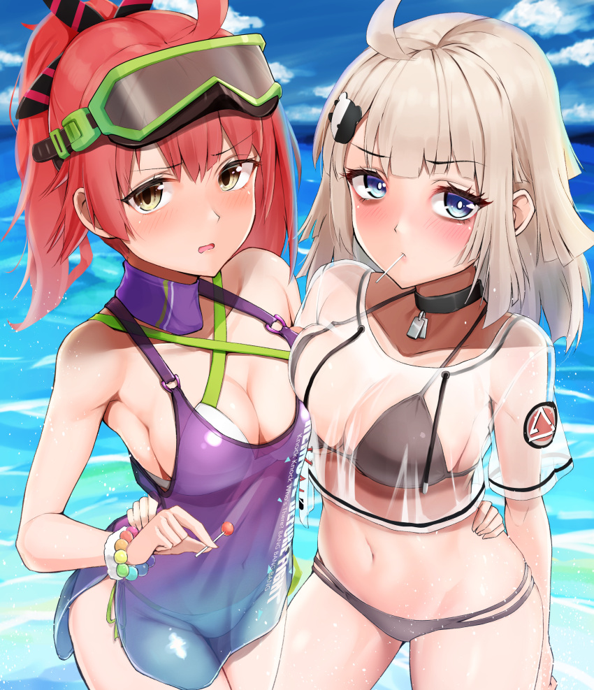 2girls aa-12_(girls'_frontline) aa-12_(the_sun_never_rises)_(girls'_frontline) ahoge arm_at_side bangs bead_bracelet beads bikini black_bikini blue_eyes blue_sky bracelet breast_press breasts brown_eyes candy choker cleavage cloud commentary_request commission cosplay costume_switch criss-cross_halter day dress dyne_gallon eyebrows_visible_through_hair food food_in_mouth girls'_frontline hair_ornament hair_ribbon halterneck hand_on_another's_waist highres horizon jewelry light_brown_hair lollipop mp7_(girls'_frontline) mp7_(lollipop_ammo)_(girls'_frontline) multiple_girls navel ocean official_alternate_costume open_mouth outdoors ponytail red_hair ribbon see-through see-through_dress see-through_shirt short_dress side-tie_bikini skeb_commission sky standing stomach swimsuit symmetrical_docking white_bikini