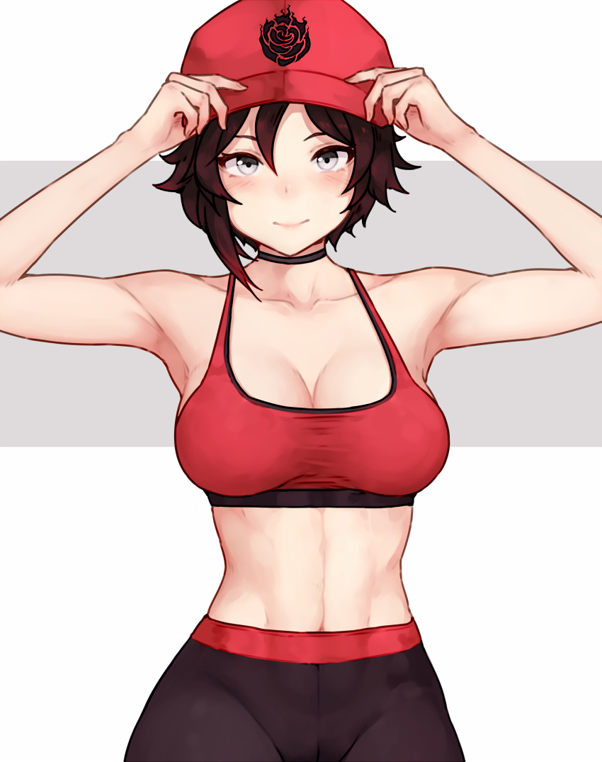 1girl adjusting_clothes adjusting_headwear bare_arms baseball_cap black_choker bluefield breasts brown_hair choker cleavage closed_mouth collarbone hair_between_eyes hat highres leggings looking_at_viewer medium_breasts midriff navel red_headwear red_sports_bra ruby_rose rwby short_hair smile solo sports_bra