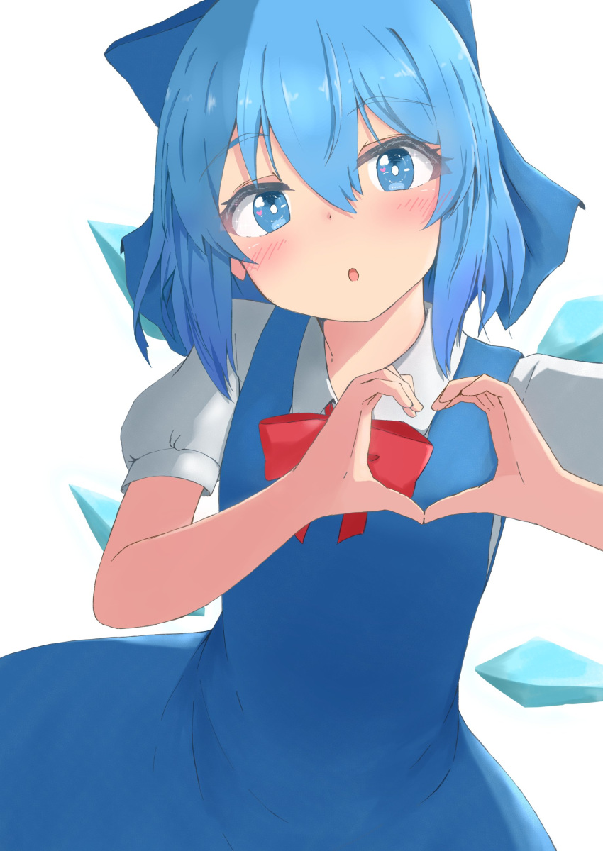 1girl absurdres blue_dress blue_eyes blue_hair blush bow cirno dress hair_between_eyes hair_bow heart heart_hands highres ice ice_wings looking_at_viewer mizune_(winter) puffy_short_sleeves puffy_sleeves short_hair short_sleeves solo symbol-shaped_pupils touhou wings