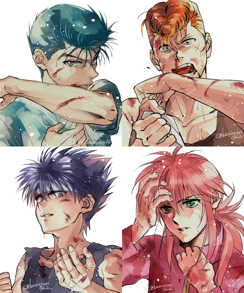 4boys black_hair blood blood_on_arm blood_on_face collarbone cuts green_eyes green_shirt headband hiei_(yu_yu_hakusho) highres imuro injury jacket kurama_(yu_yu_hakusho) kuwabara_kazuma lips long_hair long_sleeves looking_at_viewer male_focus multiple_boys open_mouth orange_hair parted_lips portrait red_eyes red_hair red_jacket school_uniform shirt short_hair short_sleeves sleeveless sleeveless_shirt spiked_hair tank_top teeth urameshi_yusuke yu_yu_hakusho