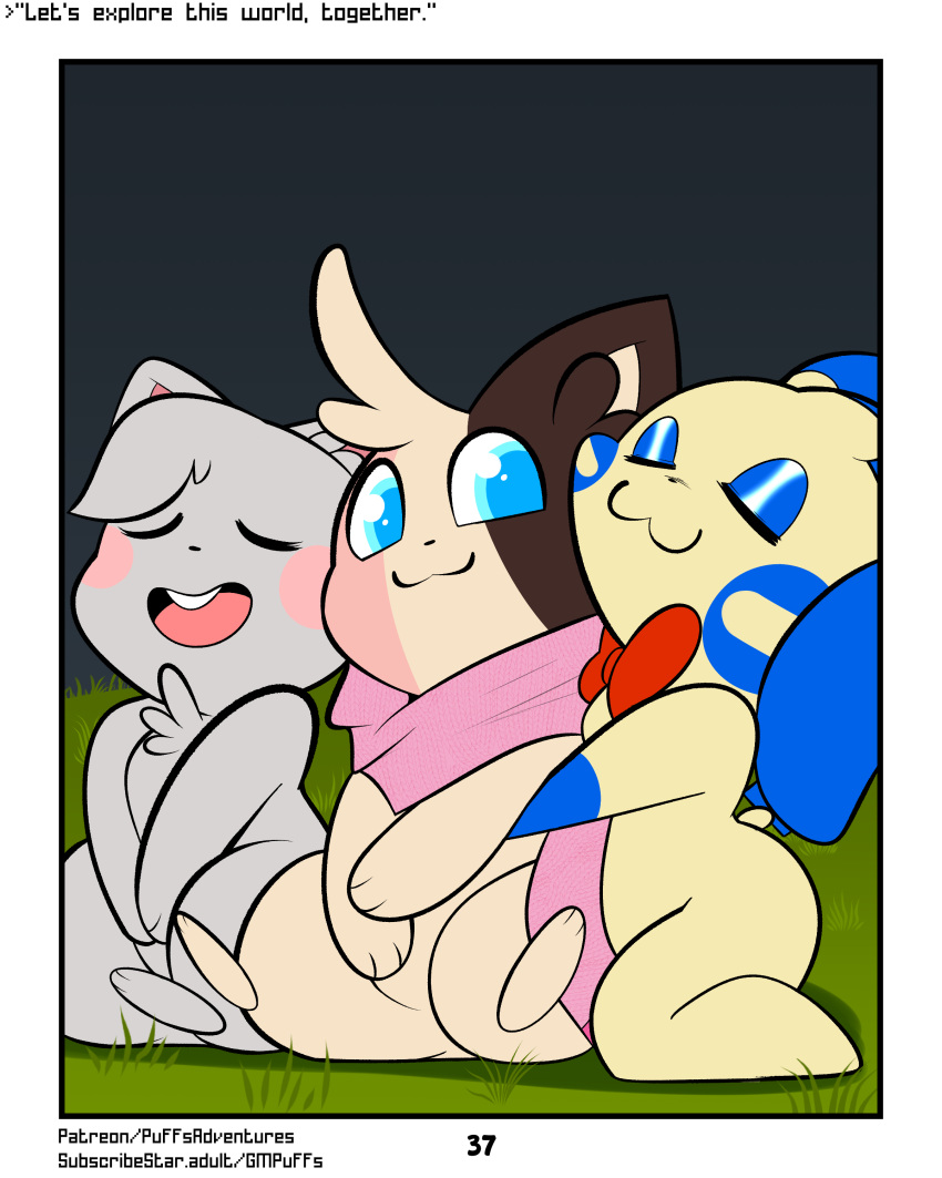 4:5 :3 absurd_res blue_body blue_eyes blue_eyeshadow blue_fur blue_mascara bow_tie comic embrace english_text eyeshadow female fur grass grey_body grey_fur group hi_res hug long_ears makeup male minccino minun munchy_(rodent_powered) neapolitan_fur nintendo open_mouth peach_(rodent_powered) plant pok&eacute;mon pok&eacute;mon_(species) pok&eacute;mon_mystery_dungeon red_cheeks robin_(rodent_powered) rodent_powered_(softestpuffss) scarf semi-anthro smile softestpuffss tan_body tan_fur text video_games