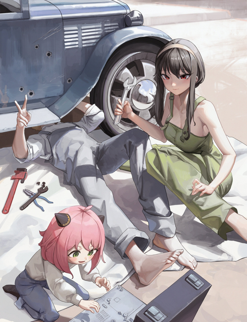 1boy 2girls absurdres alternate_costume anya_(spy_x_family) bangs bare_shoulders barefoot bingwei_huang blanket breasts car child feet green_eyes ground_vehicle hairband hairpods highres holding holding_wrench large_breasts long_hair looking_at_viewer lying medium_hair motor_vehicle multiple_girls on_back overalls pants pink_hair repairing shiny shiny_hair shirt shirt_tucked_in short_hair short_sleeves smile spy_x_family toes tools twilight_(spy_x_family) wheel wrench yor_briar