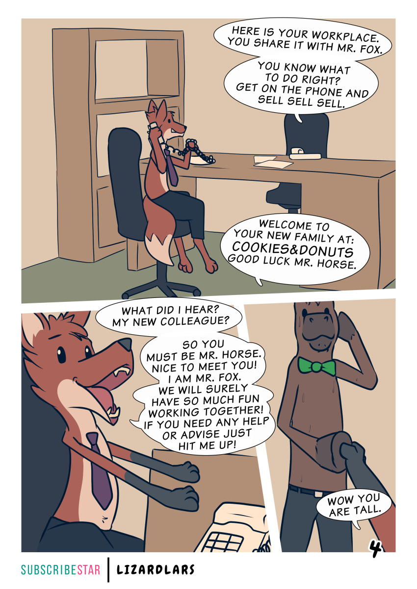 absurd_res ambiguous_gender anthro bodily_fluids bow_tie canid canine chair clothed clothing comic desk duo english_text equid equine fox furniture hi_res horse lizardlars male mammal necktie office office_chair phone speech_bubble sweat table text topless