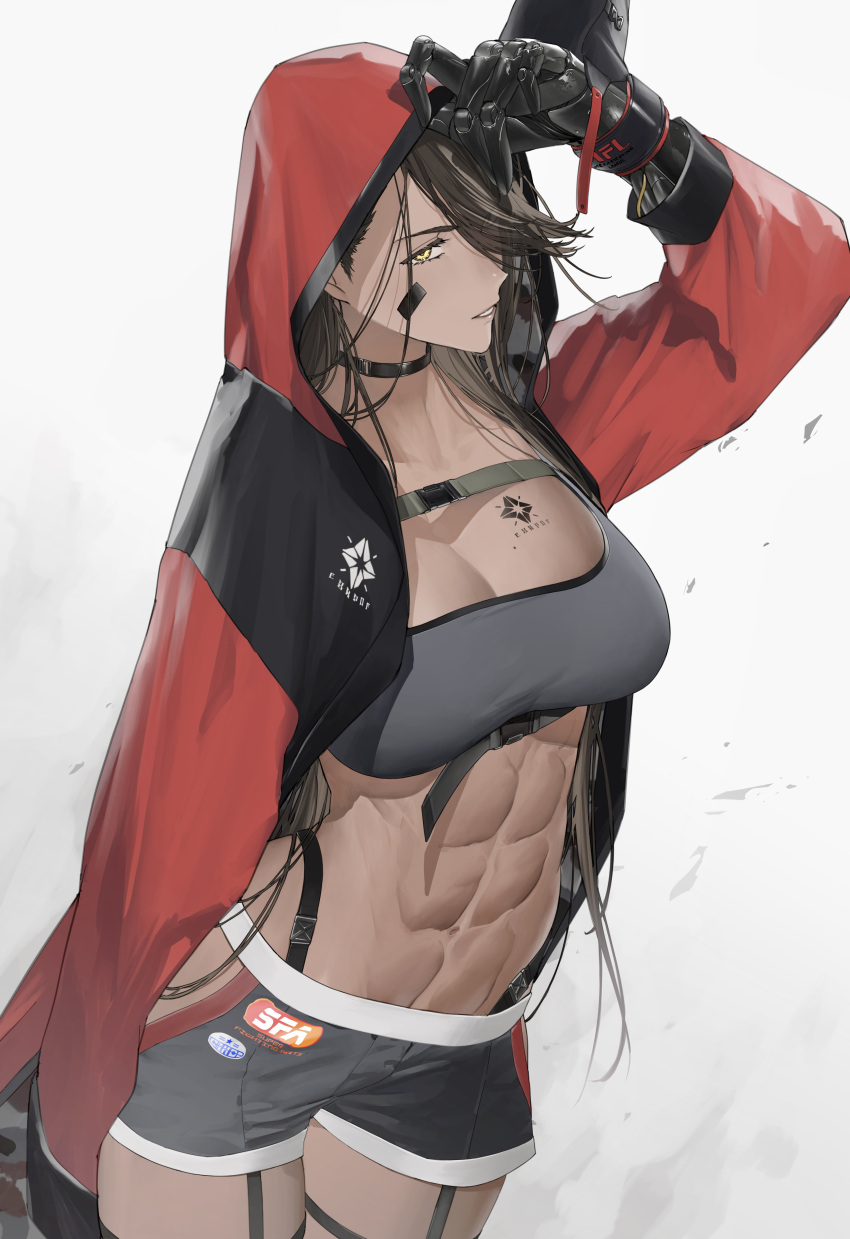 1girl abs absurdres bangs black_choker black_shorts breast_tattoo breasts brown_hair choker cleavage commentary dark-skinned_female dark_skin eyebrows_visible_through_hair feet_out_of_frame garter_straps girls'_frontline girls'_frontline_neural_cloud grey_sports_bra hair_between_eyes hair_over_one_eye harness highres hood hood_up kaoruko_(unkrk55) long_hair looking_at_viewer magnhilda_(girls'_frontline_nc) mechanical_arms medium_breasts muscular muscular_female navel open_clothes open_mouth open_robe parted_lips red_robe robe shorts simple_background single_mechanical_arm solo sports_bra standing tattoo yellow_eyes