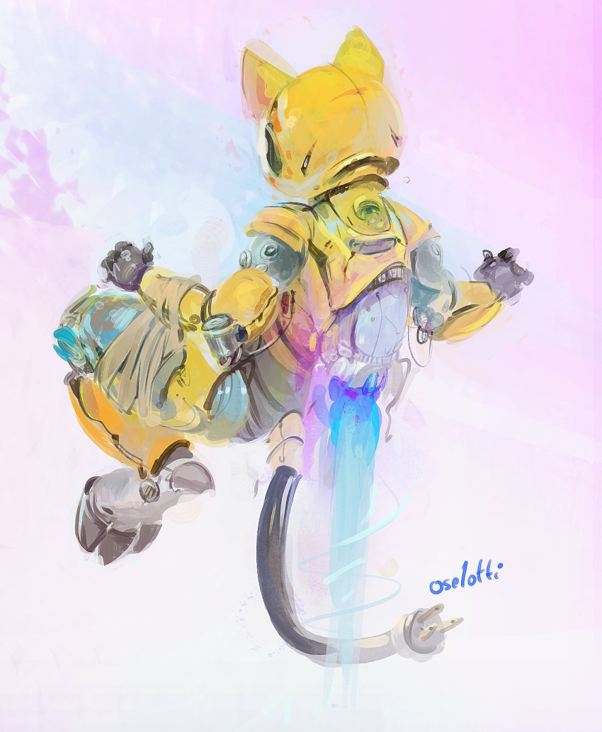 ambiguous_gender black_hands black_tail grey_feet hi_res jet_pack machine oselotti rear_view robot signature simple_background yellow_arms yellow_body yellow_ears yellow_legs