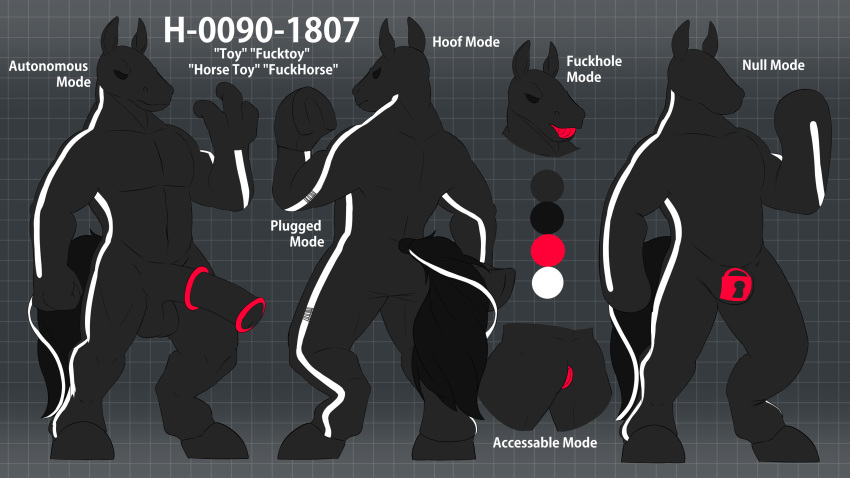 16:9 2021 absurd_res anthro black_body black_eyes bulge digital_drawing_(artwork) digital_media_(artwork) drone english_text equid equine erection genitals h-0090-1807 hi_res horse living_toy lock_bulge lock_symbol male mammal model_sheet multicolored_body open_mouth padlock_symbol penis sexotheque simple_background solo text white_body widescreen