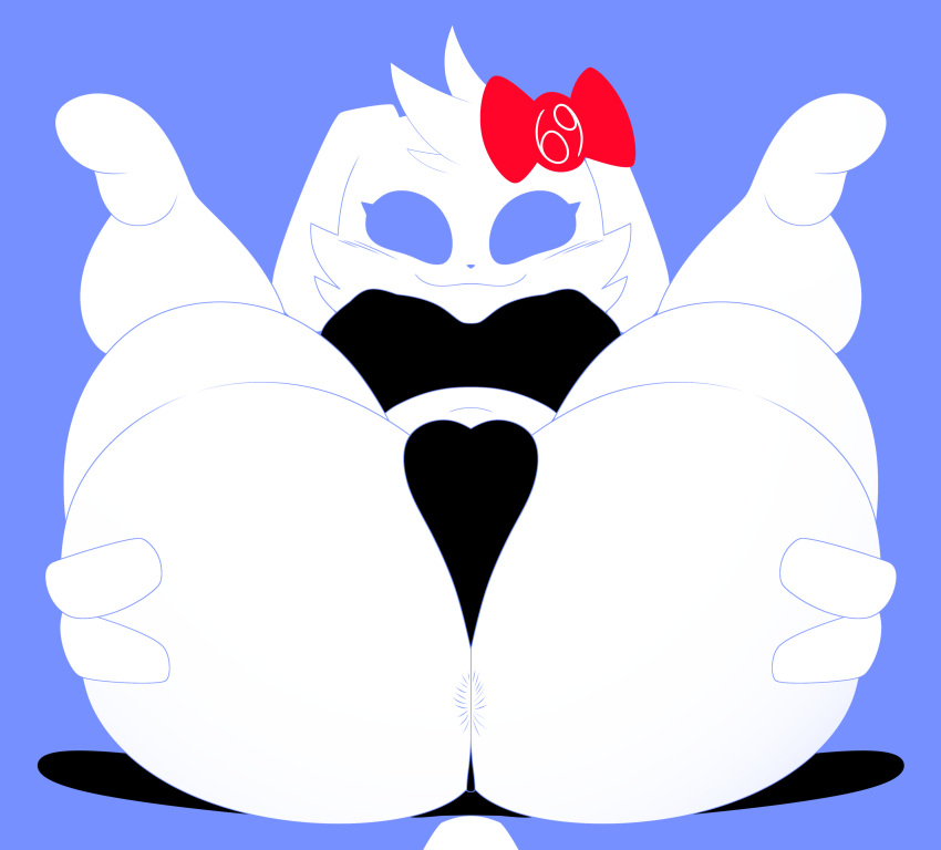 2022 69_(number) absurd_res accessory anthro anus band big_breasts big_butt blue_background bow bow_accessory breasts butt butt_cleavage camel_toe canid canine canis clothing clyde_(discord) curvy_figure digital_drawing_(artwork) digital_media_(artwork) discord_(app) domestic_dog female fur headgear headwear hi_res lobokosmico looking_at_viewer lying mammal number_print panties presenting presenting_anus print_accessory print_bow ribbons short_stack simple_background solo spread_butt spreading thick_thighs topwear underwear white_body white_fur