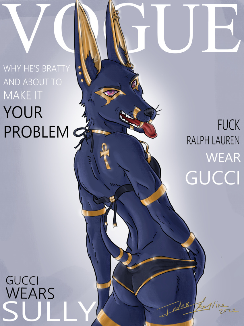 anthro anu anubis butt canid canine clothing cover deity digital_media_(artwork) egyptian_mythology feminine_pose fur gold_(metal) gold_jewelry hair hi_res index_key_nine indexkeynine jewelry magazine_cover male mammal middle_eastern_mythology mythology pinup pose simple_background smile solo tongue tongue_out