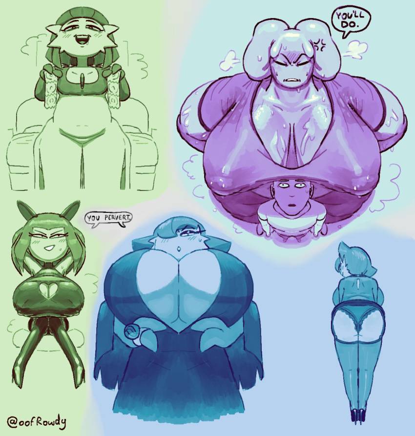 angry big_breasts bodily_fluids breasts clothing condom difference eager eyeshadow female gabriella_(oofrowdy) gardevoir gardy_(oofrowdy) goodra hi_res huge_breasts kirlia kirly kirly_(oofrowdy) looking_at_viewer looking_back looking_back_at_viewer makeup nintendo oofrowdy packet panties pok&eacute;mon pok&eacute;mon_(species) sexual_barrier_device shirt size_difference sweat sweatdrop topwear underwear undressing video_games vivi_(oofrowdy)