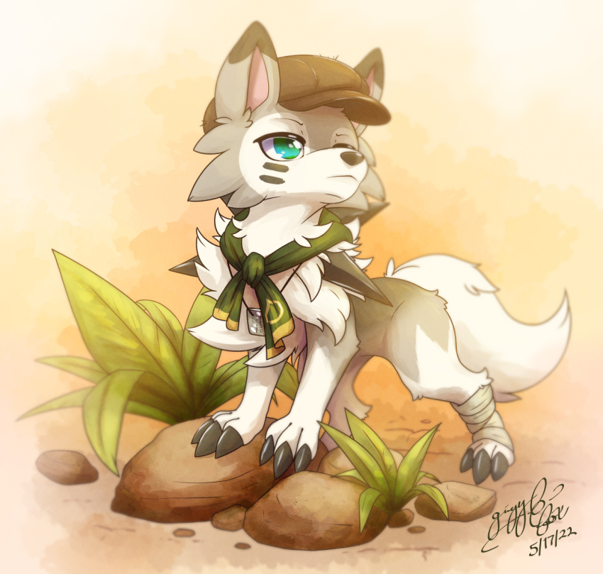 clothing desert dog_tags facial_markings foot_wraps gingy_k_fox hat head_markings headgear headwear lycanroc markings midday_lycanroc nature nintendo outside plant pok&eacute;mon pok&eacute;mon_(species) rock scarf video_games wraps