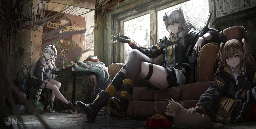 404_(girls'_frontline) 4girls absurdres assault_rifle black_gloves black_hairband black_jacket boots brown_hair card chinese_commentary cigarette collared_shirt dog english_commentary eyebrows_visible_through_hair fingerless_gloves g11_(girls'_frontline) girls'_frontline gloves green_eyes green_headwear gun h&amp;k_hk416 h&amp;k_ump45 hair_ornament hairband hat highres hk416_(girls'_frontline) jacket long_hair lu_(pixiv20967832) mechanical_arms mini_hat mixed-language_commentary mod3_(girls'_frontline) multiple_girls necktie one_side_up orange_eyes orange_hair playing_card rifle scar scar_across_eye shirt single_glove single_leg_pantyhose single_mechanical_arm submachine_gun teardrop_facial_mark teardrop_tattoo twintails ump45_(girls'_frontline) ump9_(girls'_frontline) weapon white_gloves white_hair white_shirt x_hair_ornament yellow_eyes