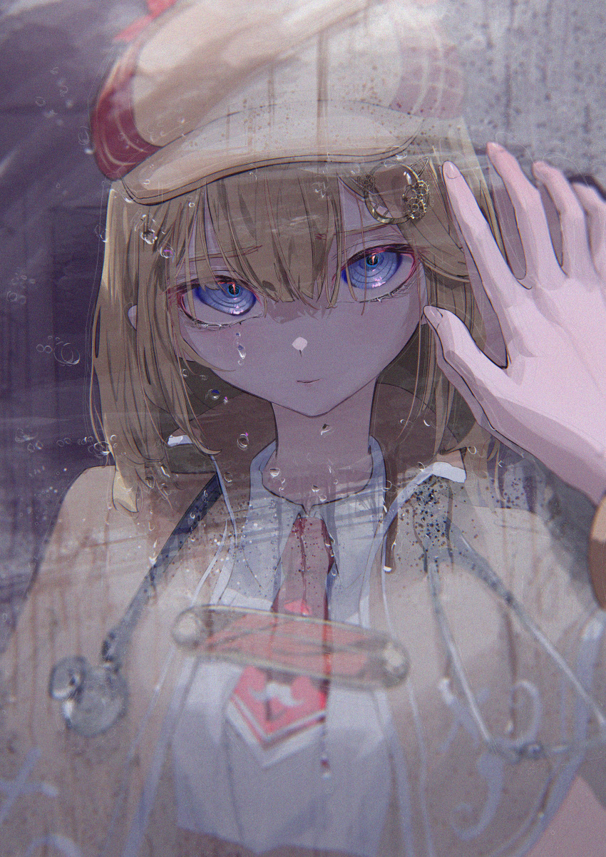 1girl absurdres blonde_hair blue_eyes closed_mouth collared_shirt commentary detective eyebrows_visible_through_hair hair_between_eyes hand_up hat highres hololive hololive_english long_hair looking_at_viewer monocle pov pov_hands reflection roitz_(_roitz_) shirt solo steam stethoscope upper_body virtual_youtuber water watson_amelia white_shirt