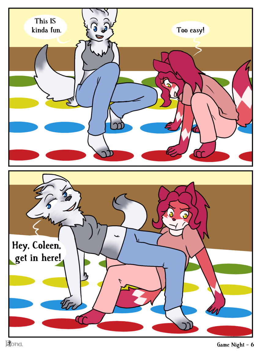 ailurid anthro barefoot blue_eyes breasts canid canine clothed clothing comic dialogue duo english_text feet female female/female fiona_(artist) fox fur grey_body grey_fur hi_res mammal midriff pink_body pink_fur red_panda shey_(thewrittenvixen) shirt tank_top text topwear twister viola yellow_eyes