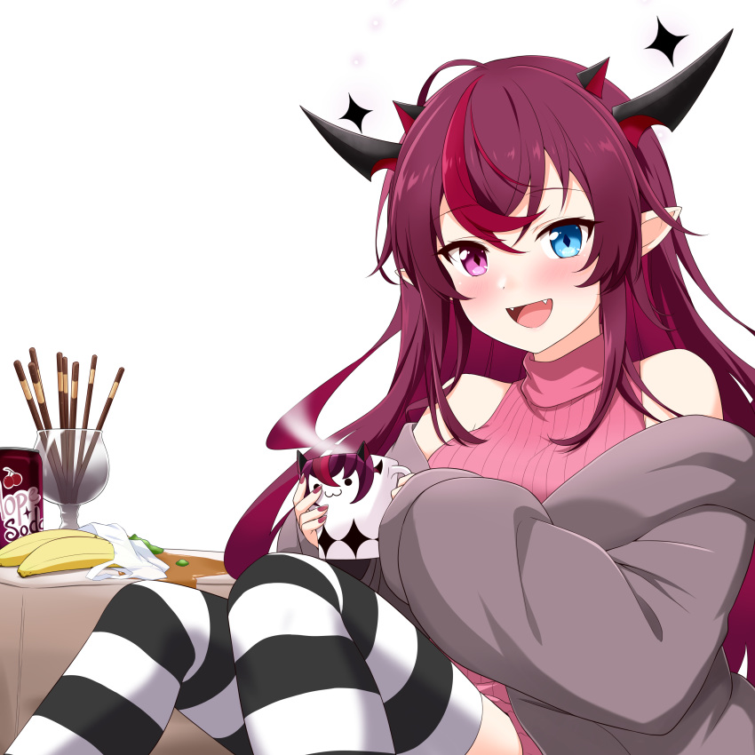 1girl :d absurdres alternate_costume bare_shoulders black_legwear blue_eyes blush casual cup demon_girl diamond-shaped_pupils diamond_(shape) fangs felutiahime heterochromia highres holding holding_cup hololive hololive_english horns irys_(hololive) long_hair looking_at_viewer mug multicolored_hair pink_eyes pink_sweater pointy_ears red_hair sitting sleeveless sleeveless_turtleneck smile solo striped striped_legwear sweater symbol-shaped_pupils turtleneck two-tone_legwear v-shaped_eyebrows virtual_youtuber white_legwear