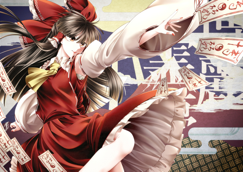 0-den 1girl absurdres armpits ascot between_fingers bow brown_hair detached_sleeves frills gohei hair_bow hair_tubes hakurei_reimu highres long_hair ofuda outstretched_arm red_skirt ribbon_trim skirt solo spell_card talisman touhou wide_sleeves
