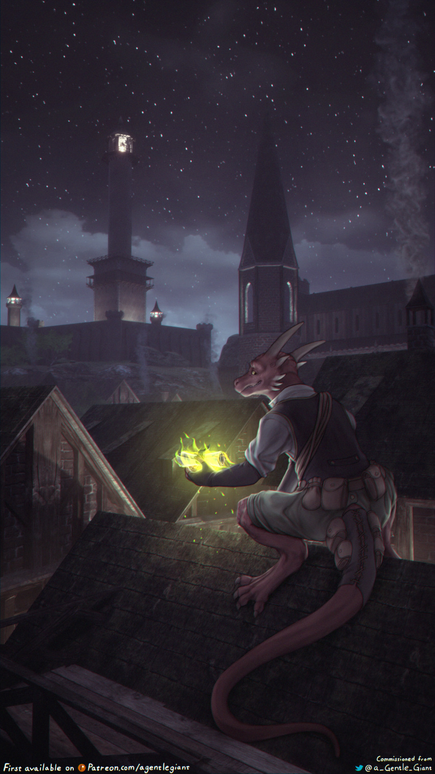 absurd_res anthro church city city_background detailed_background dungeons_and_dragons fantasy fire hasbro hi_res illustration kobold magic male neekar night pathfinder reptile rooftop rope scalie scroll smoke solo tailbags the_gentle_giant tower wizards_of_the_coast