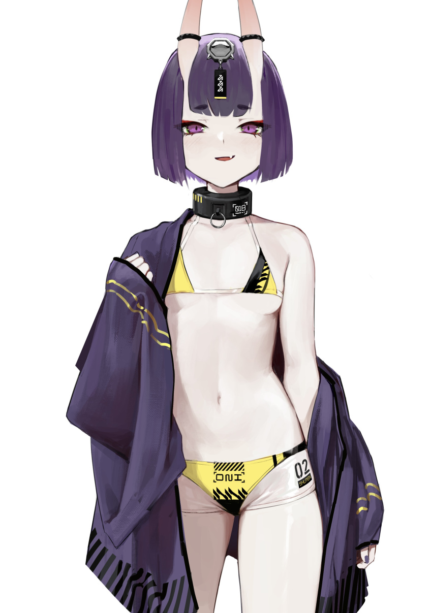 1girl absurdres bikini blush bob_cut breasts collar collarbone eyebrows_visible_through_hair fang fate/grand_order fate_(series) hair_ornament hand_up highres horn_ornament horns looking_at_viewer off_shoulder oni oni_horns purple_eyes purple_hair see-through short_hair shuten_douji_(fate) simple_background skin-covered_horns skin_fang small_breasts smile smug string_bikini swimsuit swimsuit_under_clothes vertigris white_background