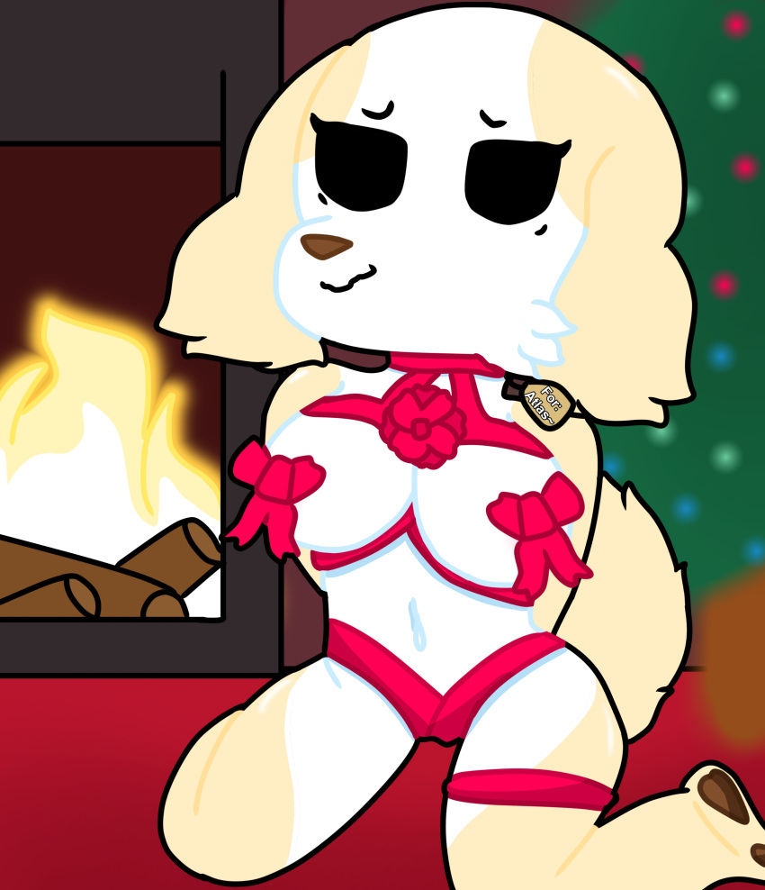 absurd_res anthro big_breasts borzoi bow breasts canid canine canis christmas christmas_tree doggoinui domestic_dog female fireplace fluffy fluffy_tail hi_res holidays humanoid hunting_dog mammal nervous nervous_smile plant sighthound solo tree wrapped_up wrappings