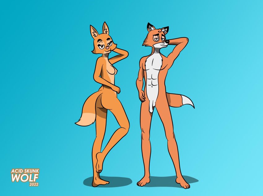 acidskunkwolf anthro breasts butt canid canine diane_foxington dreamworks duo female fox genitals henry_(old_speckled_hen) hi_res male male/female mammal nude old_speckled_hen penis pose the_bad_guys