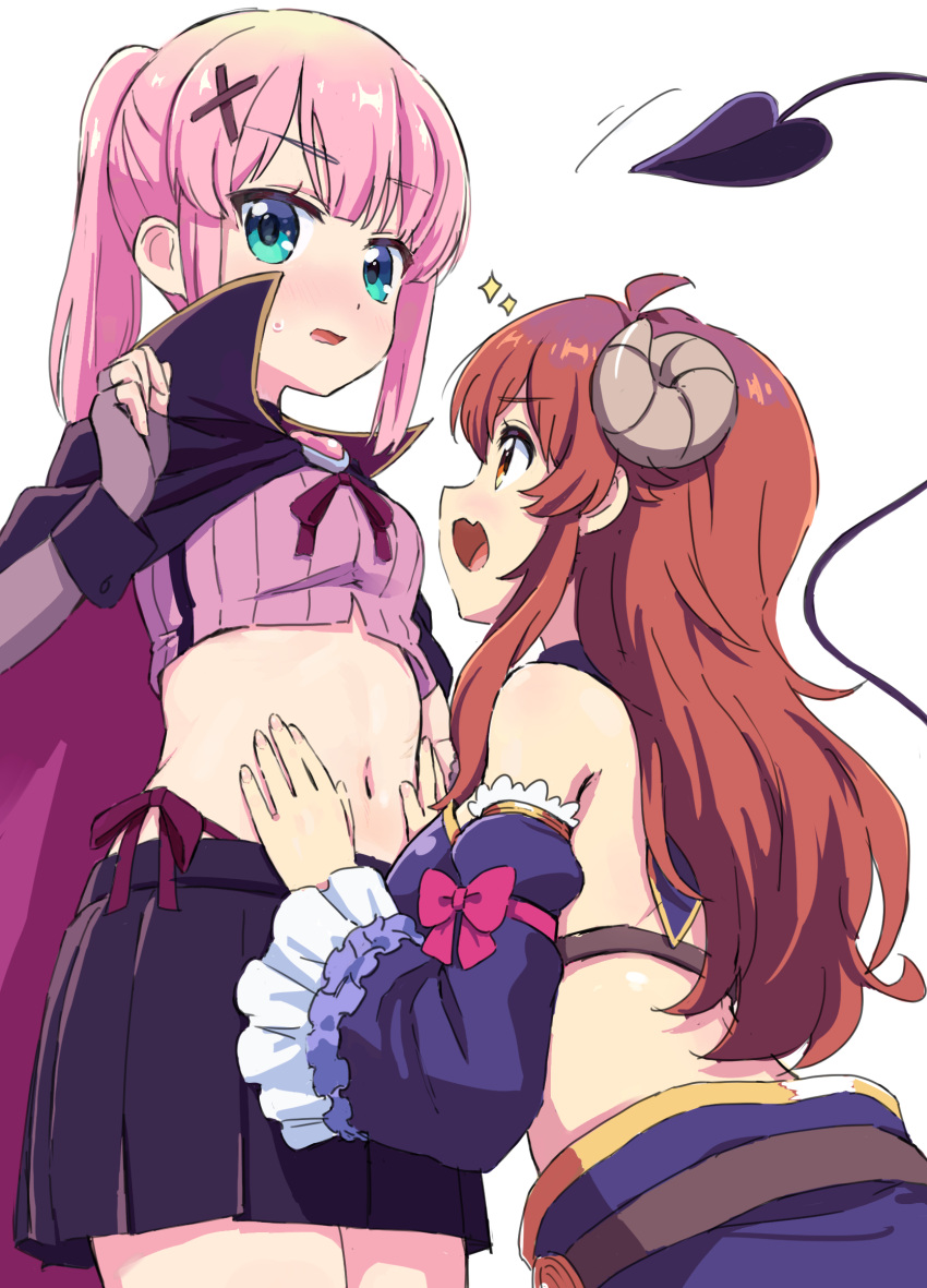2girls aqua_eyes bare_shoulders black_skirt blush breasts brooch cape chiyoda_momo crop_top demon_girl demon_horns demon_tail detached_sleeves fang fingerless_gloves frilled_sleeves frills gloves hair_ornament hairclip hand_on_another's_stomach heart_brooch highres horns jewelry large_breasts looking_at_another looking_at_viewer machikado_mazoku midriff multiple_girls navel open_mouth pink_hair red_hair simple_background skirt small_breasts sparkle sweat tail tibaridooor white_background wrist_cuffs yoshida_yuuko_(machikado_mazoku) yuri