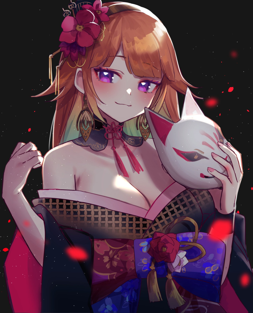 1girl bangs blush breasts cleavage earrings feather_earrings feathers flower gradient_hair hair_flower hair_ornament highres holding hololive hololive_english japanese_clothes jewelry kimono large_breasts long_hair looking_at_viewer multicolored_hair orange_hair purple_eyes smile solo takanashi_kiara virtual_youtuber yunare