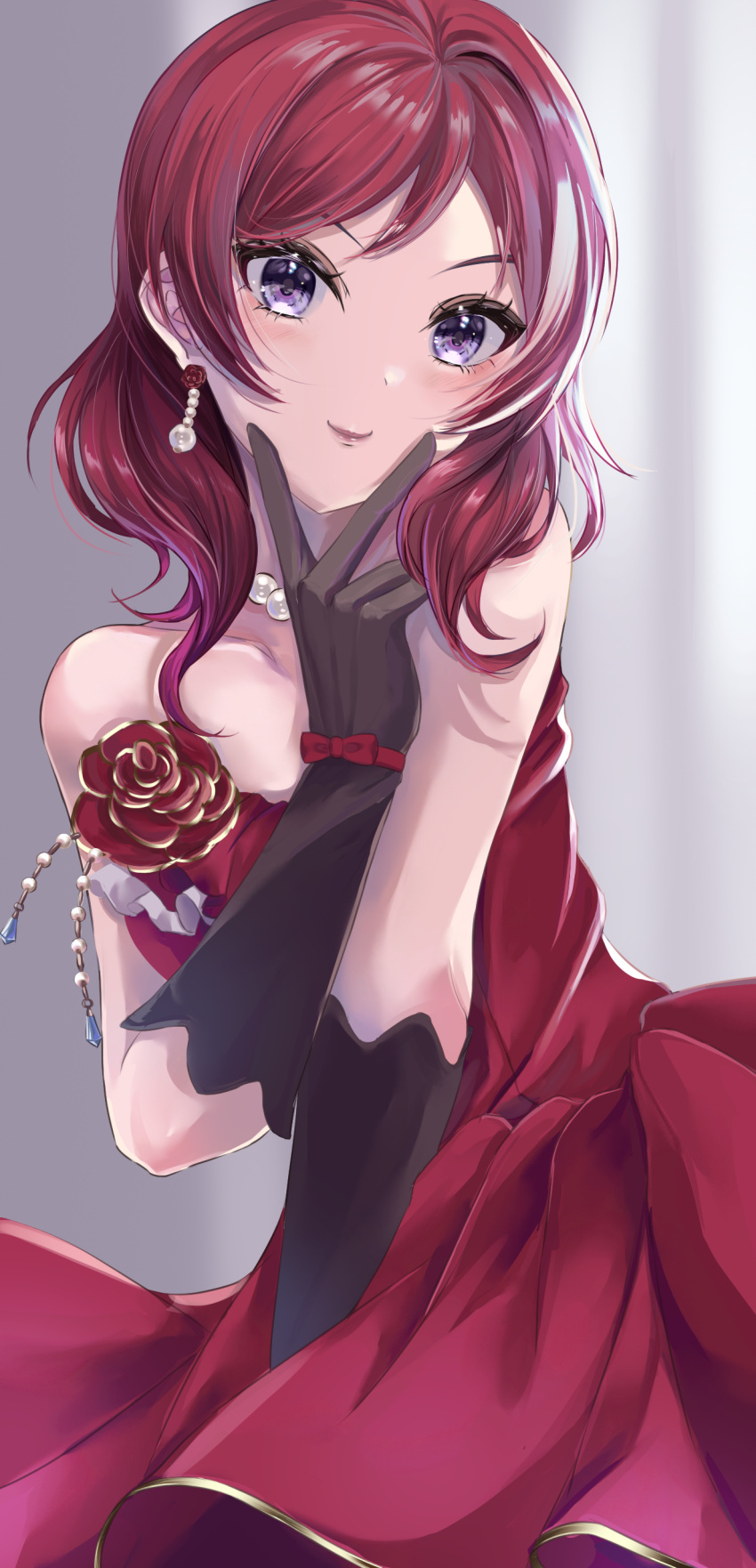 1girl absurdres bare_shoulders black_gloves collarbone commentary dress earrings flower gloves highres jewelry love_live! love_live!_school_idol_project necklace nishikino_maki parika purple_eyes red_dress red_flower red_hair red_rose rose short_hair sleeveless sleeveless_dress smile solo strapless strapless_dress