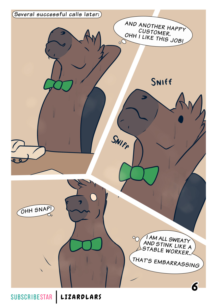 absurd_res anthro bodily_fluids bow_tie clothed clothing comic desk embarrassed english_text equid equine furniture hi_res horse lizardlars male mammal musk phone solo sweat table text thought_bubble topless