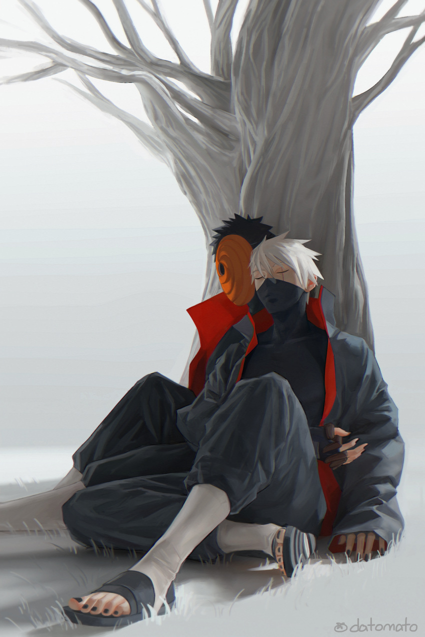 2boys absurdres akatsuki_(naruto) akatsuki_uniform artist_name bare_tree black_gloves black_hair cloak closed_eyes datomato gloves grey_hair hatake_kakashi highres holding_hands interlocked_fingers knee_up long_sleeves male_focus mask multiple_boys nail_polish naruto_(series) naruto_shippuuden open_clothes outdoors pants sandals scar scar_across_eye short_hair sitting tobi_(naruto) toeless_footwear tree wide_sleeves yaoi