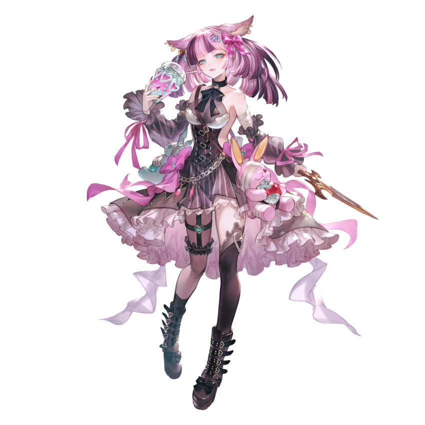 1girl animal_ears aqua_eyes backless_dress backless_outfit bandages bare_shoulders black_nails blush boots breasts dagger detached_sleeves dress drink earrings erune floppy_ears full_body garter_straps granblue_fantasy hair_ornament hair_ribbon holding holding_dagger holding_drink holding_weapon jewelry knife legwear_garter light_smile looking_at_viewer manamel_(granblue_fantasy) medium_breasts medium_hair minaba_hideo multicolored_hair official_art pink_hair ribbon solo stuffed_animal stuffed_bunny stuffed_toy transparent_background two-tone_hair weapon