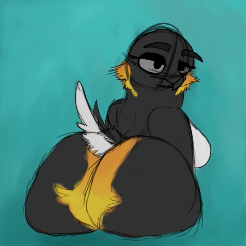 ambiguous_species anthro avian big_butt bird black_and_white black_body black_feathers breasts butt eyelashes feathers female grey_sclera half-closed_eyes hi_res huge_butt hybrid monochrome narrowed_eyes nauiho penguin rear_view side_boob simple_background sketch solo