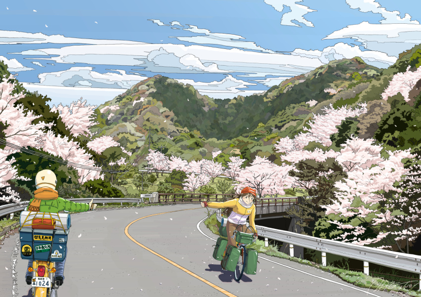 1girl 1other backpack bag bandana bangs bicycle blue_sky branch bridge cargo_net cherry_blossoms cloud cloudy_sky cooler daigo_fujiie dated day falling_petals fingerless_gloves gloves grass ground_vehicle guard_rail hair_between_eyes helmet honda_super_cub jacket limited_palette looking_at_another motor_vehicle motorcycle motorcycle_helmet mountain mountainous_horizon multicolored_clothes multicolored_jacket net on_motorcycle original outdoors petals power_lines red_bandana riding riding_bicycle road scarf scenery signature sky sleeping_bag smile sticker thumbs_up tree two-tone_jacket utility_pole wind