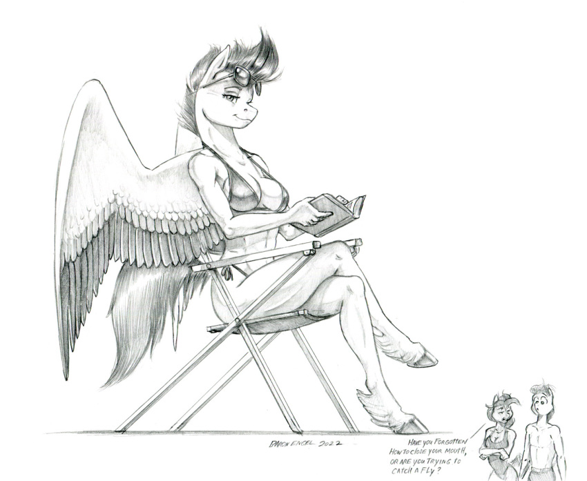 2022 anthro baron_engel beach_chair bikini book breasts clothing crossed_arms dialogue earth_pony equid equine eyebrows eyewear eyewear_on_head feathered_wings feathers female graphite_(artwork) greyscale hair hasbro hitch_trailblazer_(mlp) hooves horse male mammal mlp_g5 monochrome my_little_pony one-piece_swimsuit pegasus pencil_(artwork) pony reading reading_book side-tie_bikini sitting smug sunglasses sunglasses_on_head sunny_starscout_(mlp) swimming_trunks swimwear traditional_media_(artwork) wings zipp_storm_(mlp)