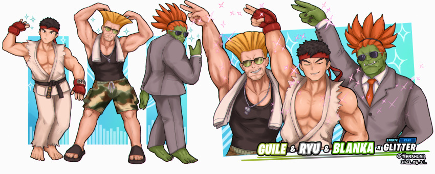 3boys barefoot black_hair blanka blonde_hair colored_skin dancing dougi fangs flat_top fortnite green_skin guile hershuar highres multiple_boys official_alternate_costume orange_hair pose ryu_(street_fighter) sandals street_fighter sunglasses towel towel_around_neck